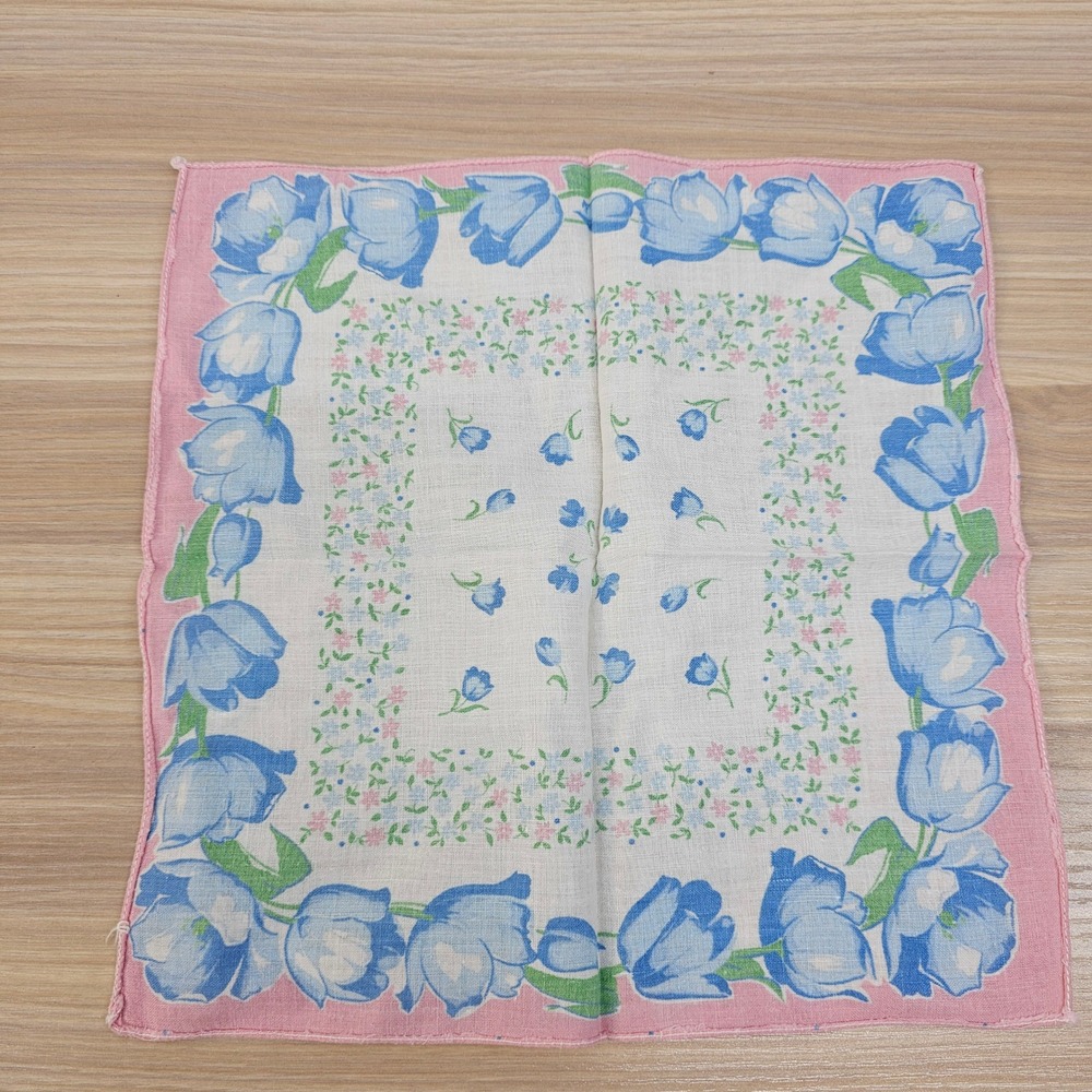 Cotton Handkerchief Womens Pink Blue Tulips Floral Pocket Square Hankies 10x10